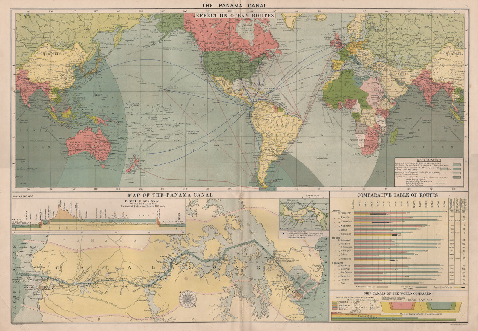 PANAMA CANAL. Effect on Ocean Routes. Map & profile. LARGE 50x70cm 1918